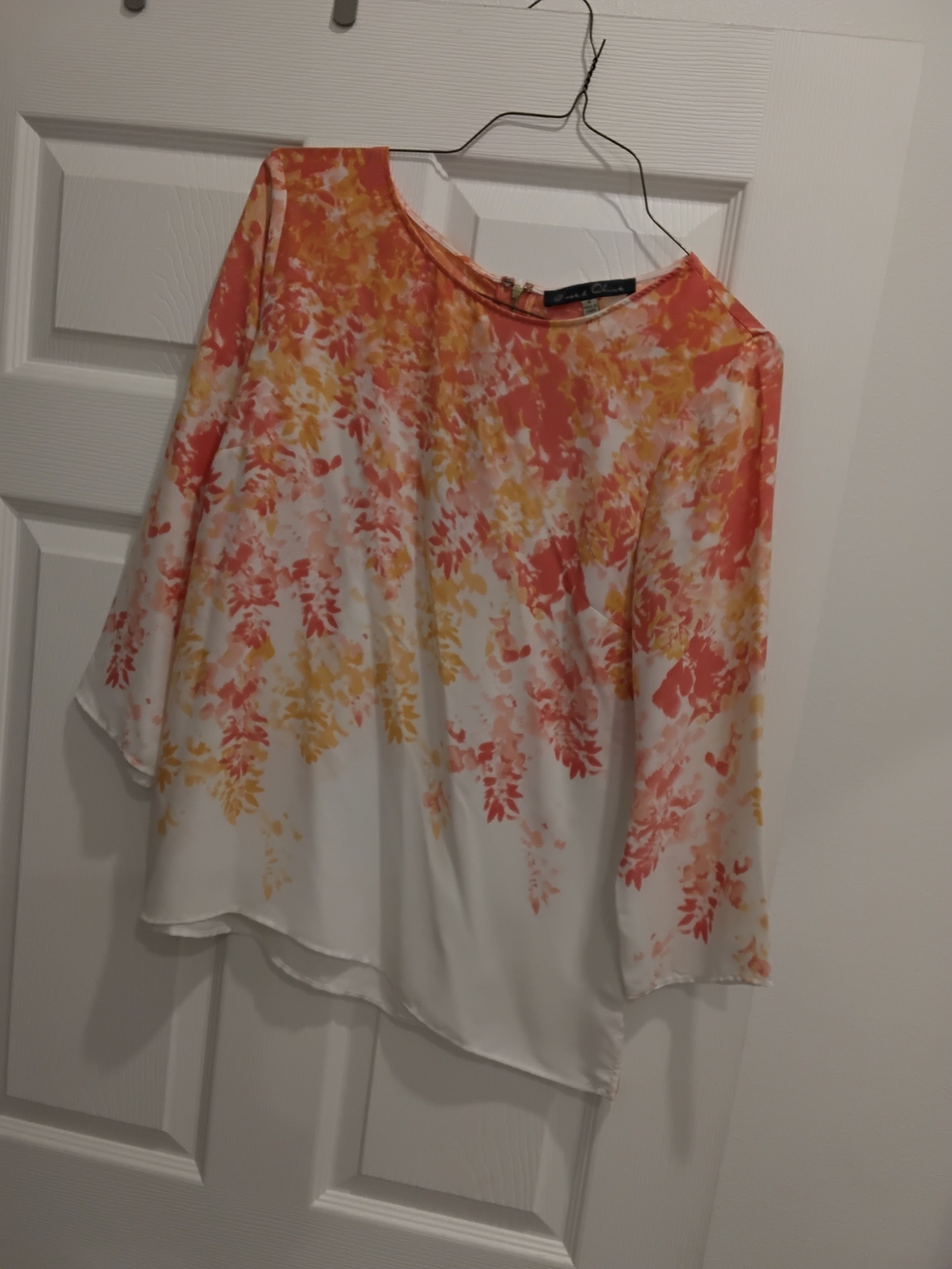 Women's White Floral Ombre Blouse with Coral and Yellow Accents